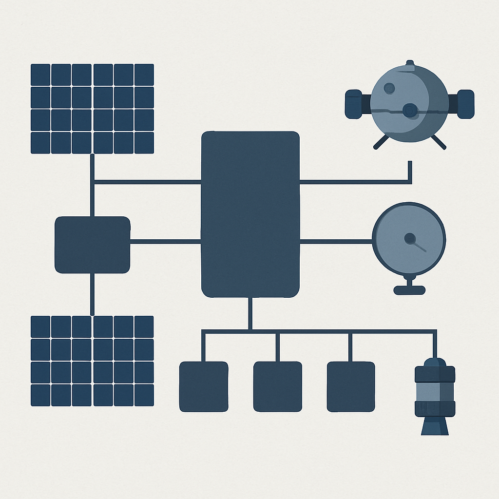 Schema eines Raumfahrzeug‑Bordnetzes: Solararrays → Ladecontroller → Hauptbus → Unterverteilungen → Verbraucher