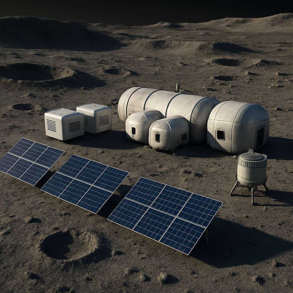 Konzeptillustration einer kleinen Mondbasis mit Solararrays, Batterielagern und einem kompakten Reaktor; Staub und kraterige Landschaft als Kontext