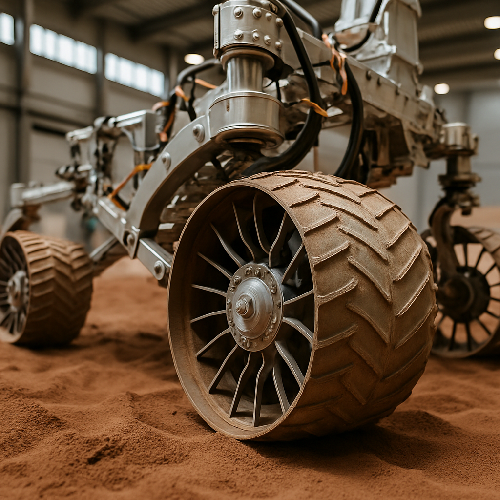 Close-up einer Rover‑Fahrgestells im Test: Räder mit Mars‑ähnlichem Regolith, Teststand in einer Halle