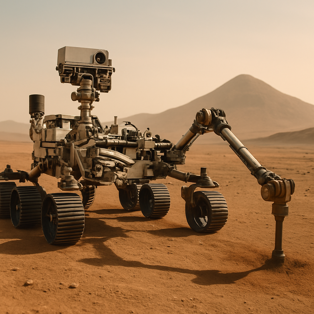 Perseverance auf staubiger Marsoberfläche, Bohrarm ausgefahren, mit Berge im Hintergrund