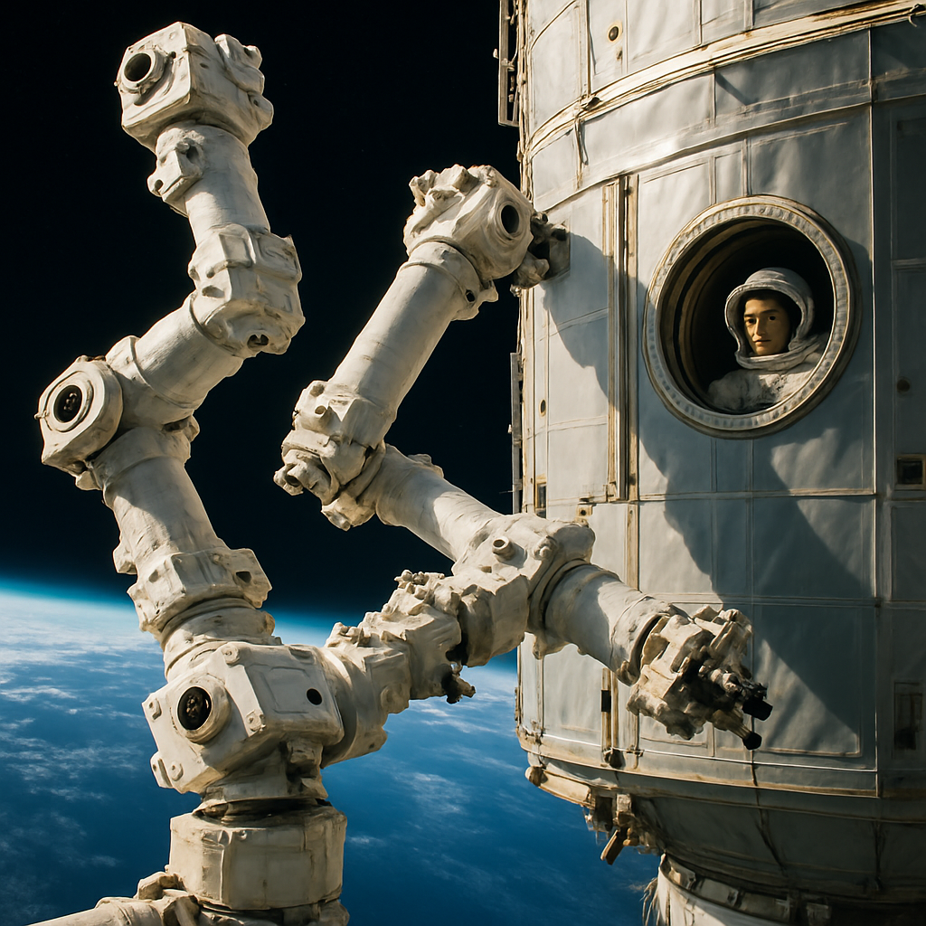 Dextre arbeitet an der Außenhülle der ISS, zwei Greifarme in Nahaufnahme, ein Astronaut beobachtet durch ein Fenster