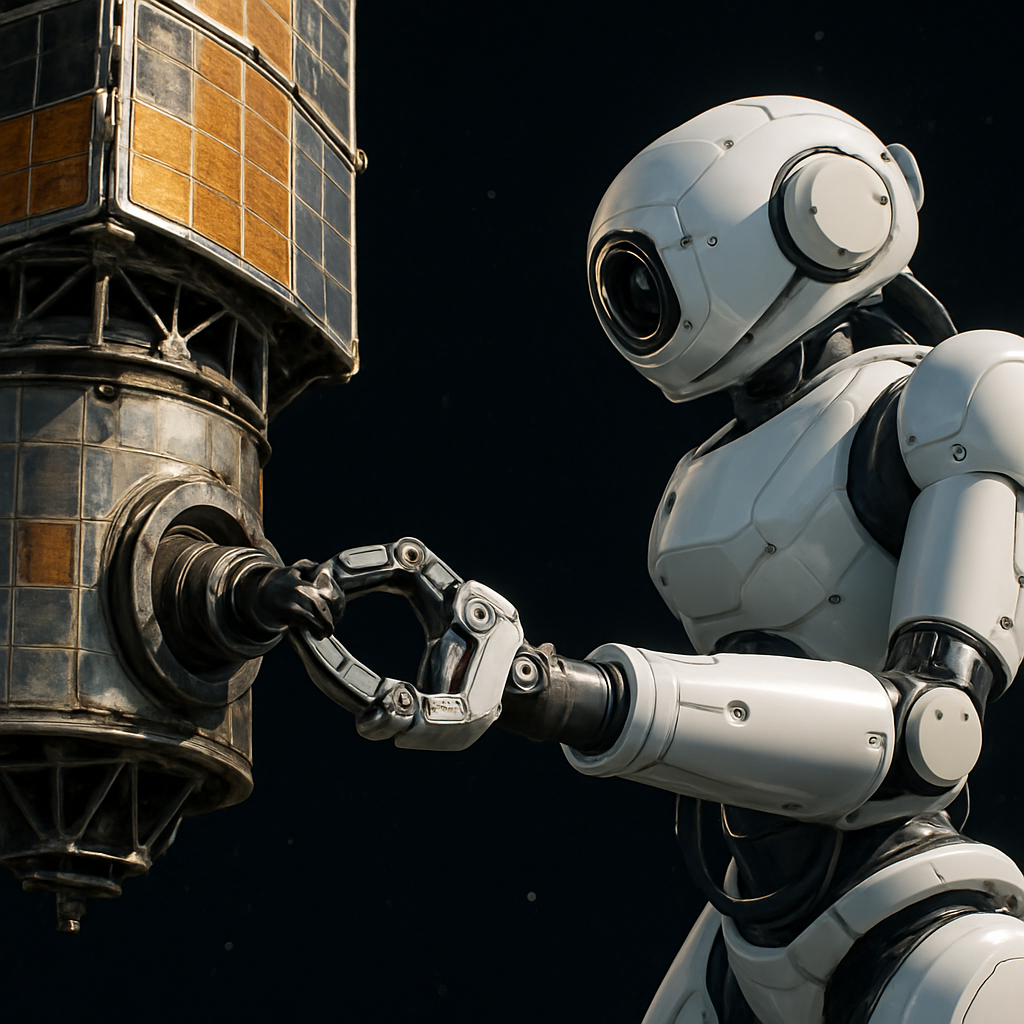 Animation eines Serviceroboters, der an einen älteren Satelliten andockt; Nahaufnahme des Greifmechanismus