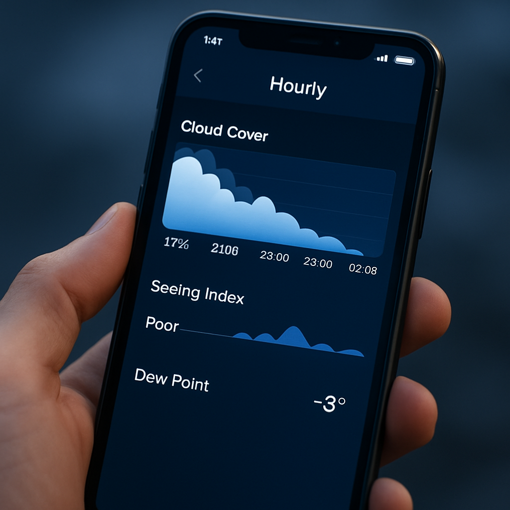 Detailaufnahme: Wetter-App auf dem Smartphone, die stündliche Wolkenprognose, Seeing‑Index und Taupunkt anzeigt