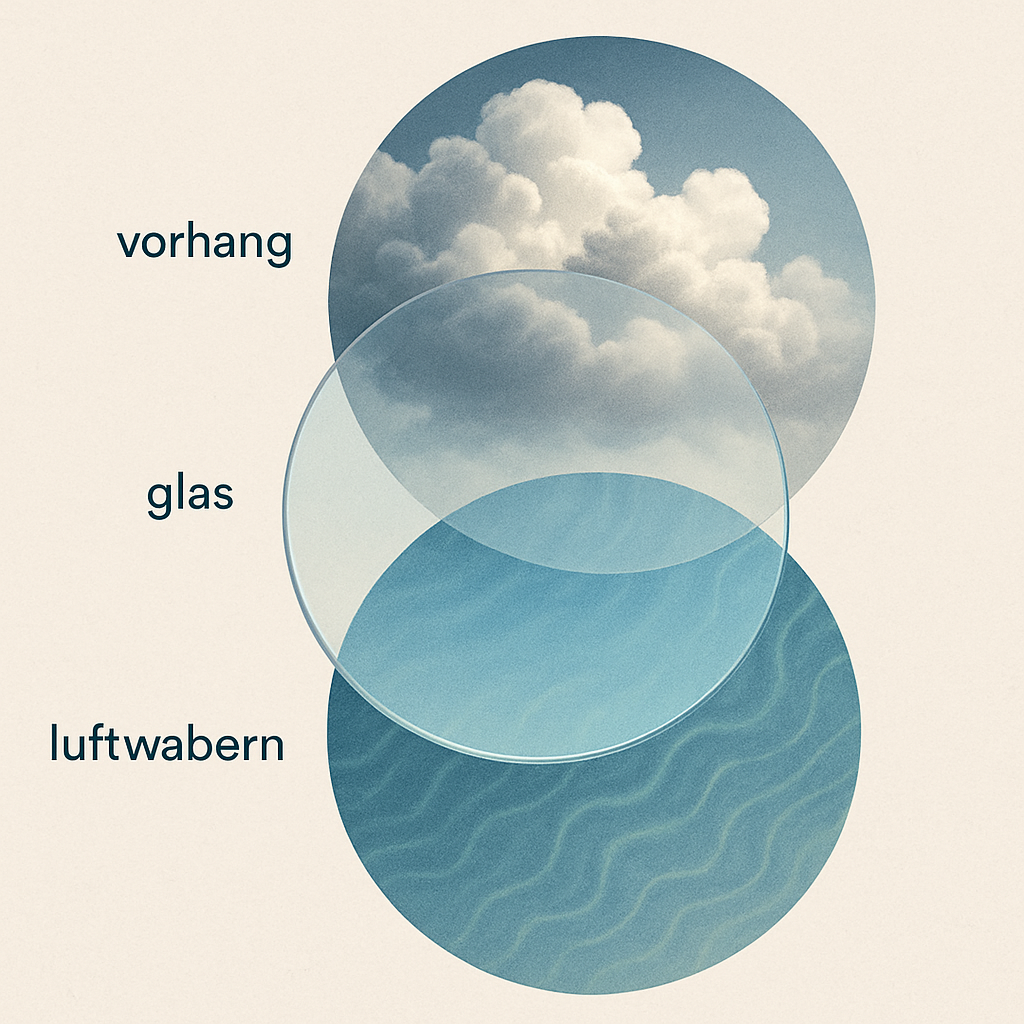 Illustration: Drei übereinandergelegte Scheiben als Analogie — Vorhang (Wolken), Glas (Transparenz), Luftwaber (Seeing) — mit kurzen Labels