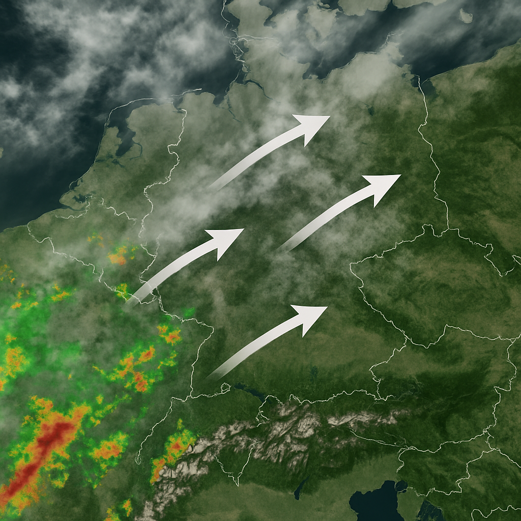 Screenshot: Satellitenanimation und Radar kombiniert, Pfeile zeigen Wolkenbewegung über eine Region