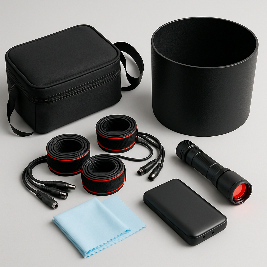 Foto: Zubehör‑Tasche mit Heizbändern, Taukappe, Mikrofasertuch, Powerbank und Rotlichtlampe