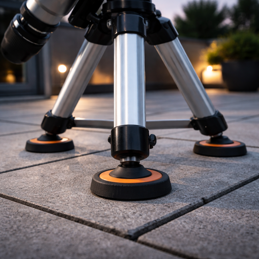 Nahaufnahme eines stabilen Stativs auf Betonplatten; Anti-Vibrations-Pads unter den Füßen sichtbar