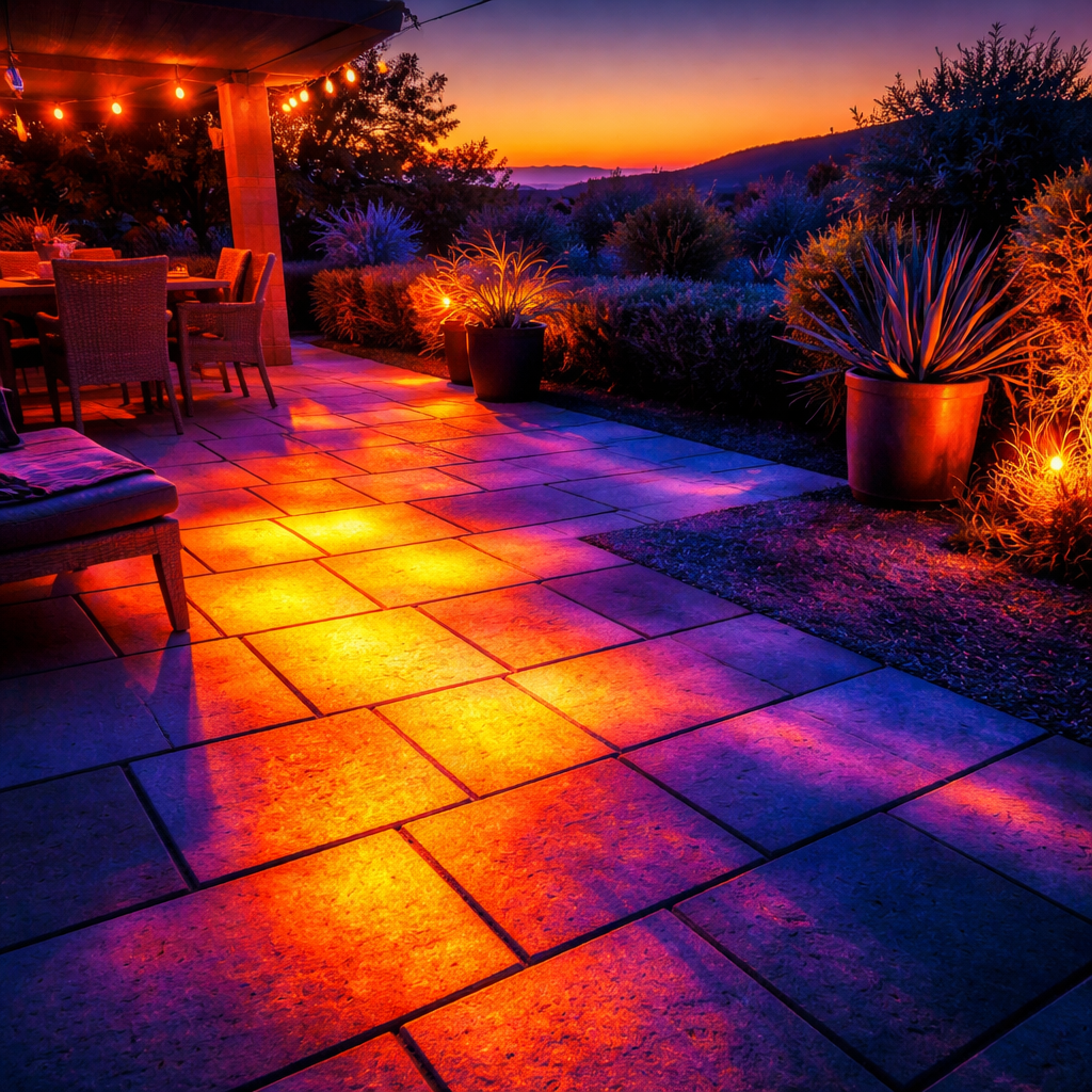 Wärmebild einer Terrasse bei Sonnenuntergang: aufgeheizte Steinplatten und kühlere Schattenbereiche deutlich sichtbar