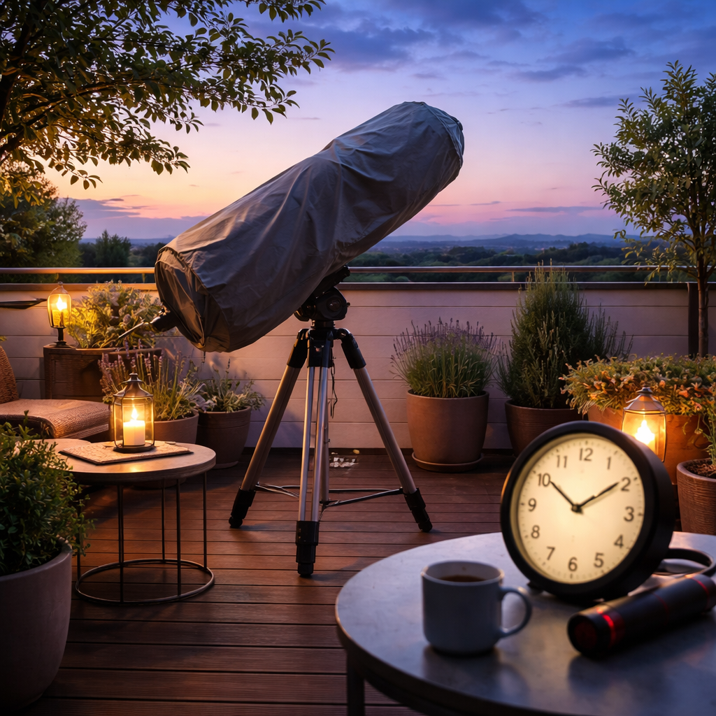 Ein abgedecktes Teleskop steht vor der Dämmerung auf der Terrasse; eine Uhr zeigt die Wartezeit an