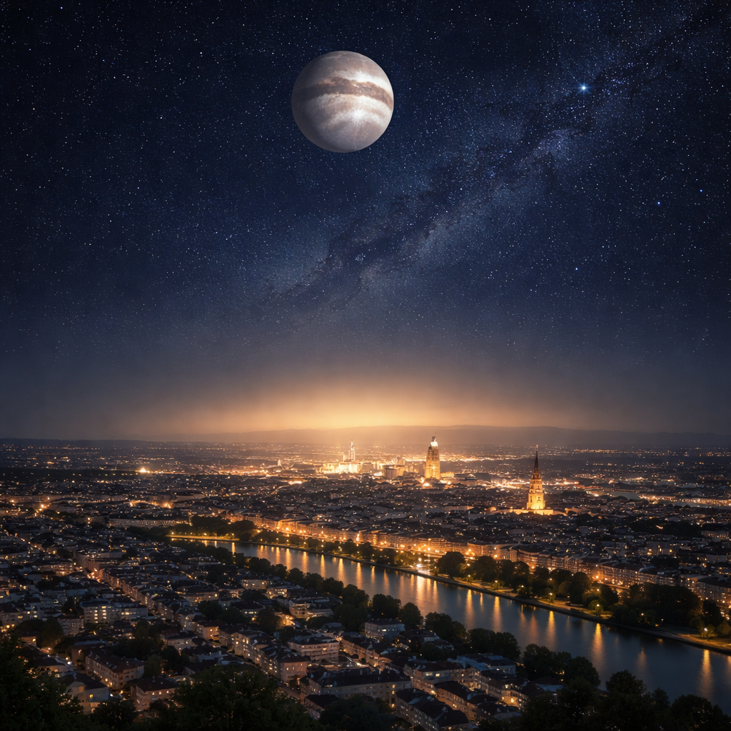 Stadtbild bei Nacht mit sichtbarem Lichtdom über der Stadt, darüber der Planet Jupiter hoch am Himmel