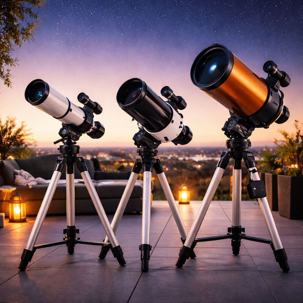 Verschiedene kompakte Teleskoptypen nebeneinander: 80-mm-Refraktor, 127-mm-Maksutov, 8" Schmidt-Cassegrain