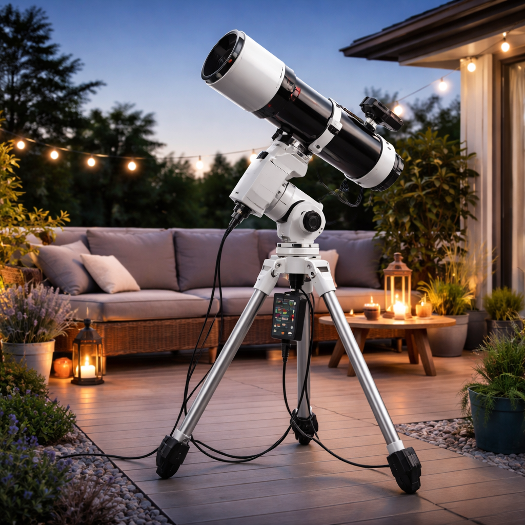Azimutale Montierung mit kompaktem Teleskop auf einer Terrasse; Kabel ordentlich verlegt