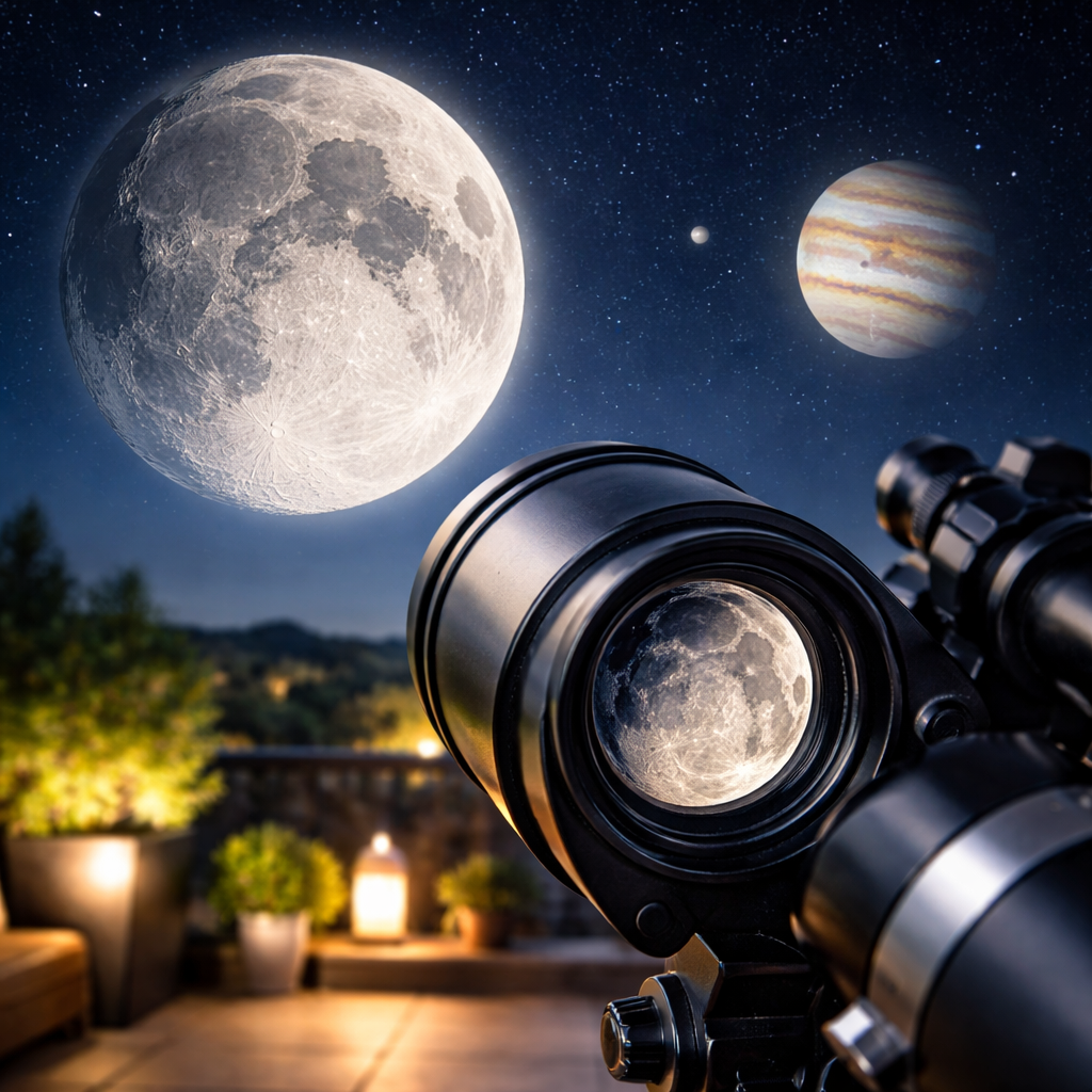 Der Mond groß im Okular: Krater und Gebirge sichtbar, daneben Jupiter mit wolkenbändern