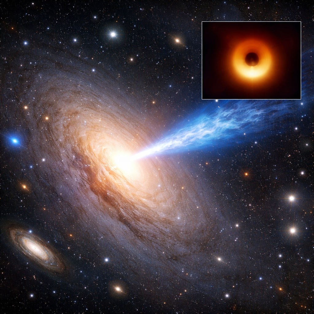 Nahaufnahme von M87 mit sichtbarem Jet (künstlerische Kombination optischer Aufnahme und EHT‑Einblendung), Fokus auf hellen Kern und Jetstruktur