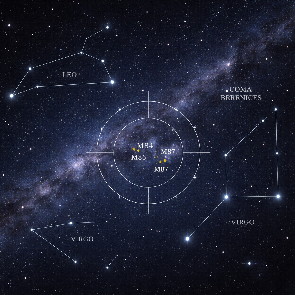 Illustrative Suchkarte für Einsteiger: Sternbilder Löwe, Jungfrau, Haar der Berenike mit Markierung von M84, M86 und M87; ideal für Telrad/Tilsucher-Orientierung