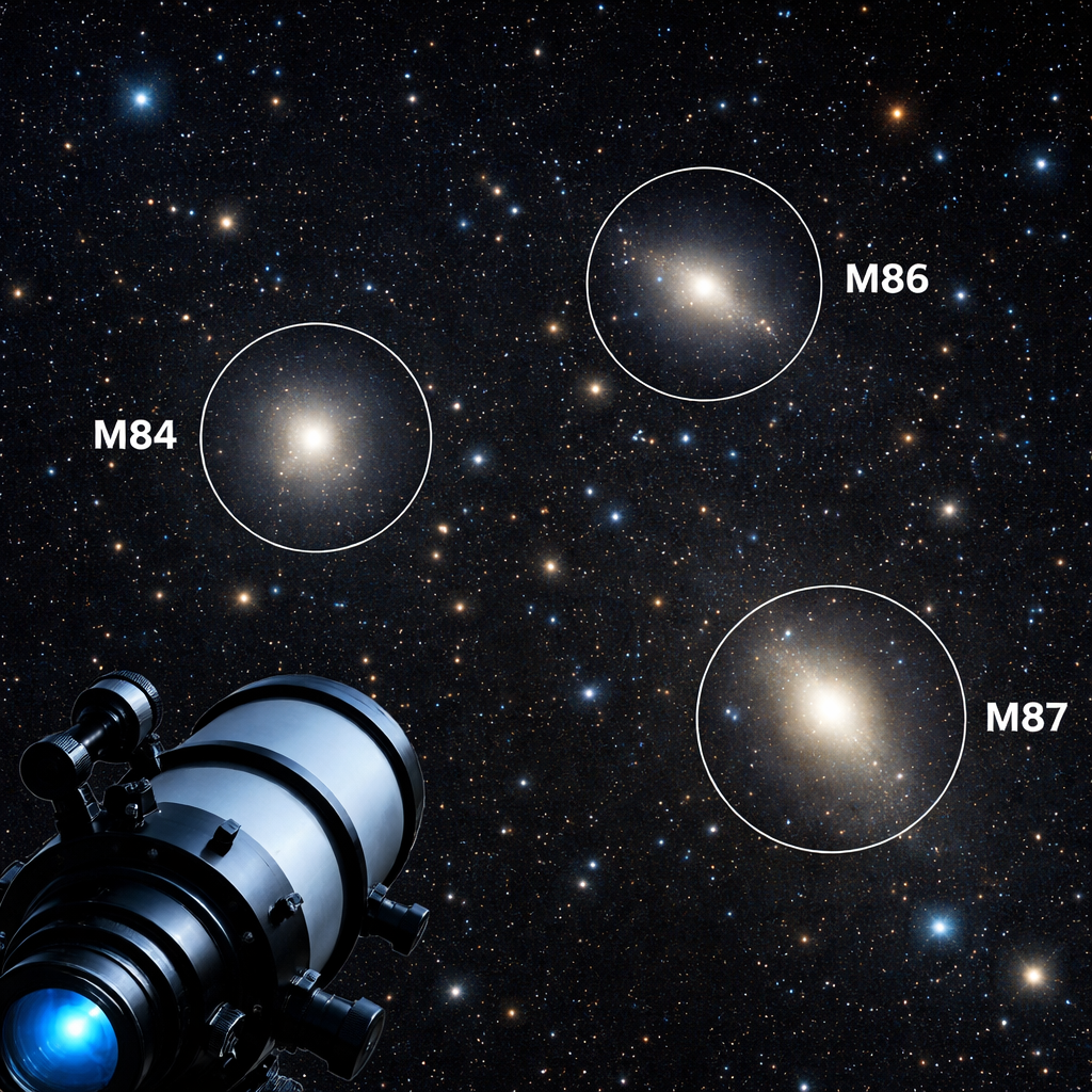 Weitfeldaufnahme eines Teleskops mit markierten Messier‑Objekten M84, M86, M87 – ideal als Beobachtungsplan fürs erste Feld