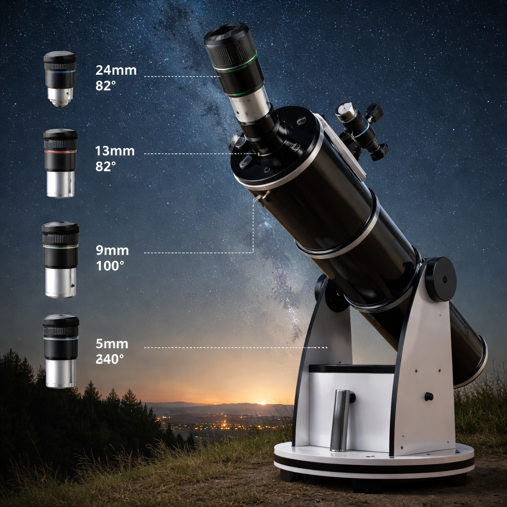 Diagramm/Foto eines Dobson-Teleskops in der Nacht, mit Beschriftung typischer Okularkombinationen und Vergrößerungen