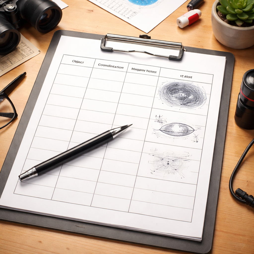Skizze einer einfachen Beobachtungs‑Vorlage auf Papier mit Feldern für Objekt, Koordinaten, Vergrößerung und Ergebnis