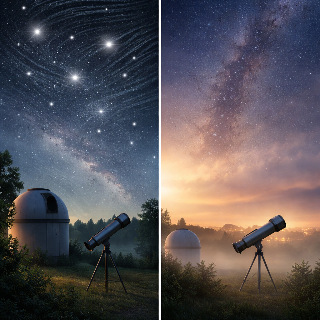 Diagramm, das Seeing und Transparenz gegenüberstellt; links Sterne mit „flimmernd“ (schlechtes Seeing), rechts Nebel bei hohem Dunst (schlechte Transparenz)