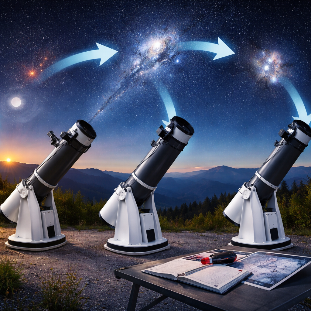 Fotomontage eines Dobson‑Teleskops, das nacheinander Objekte im Westen, Süden und Osten ansteuert, um Wege zu minimieren