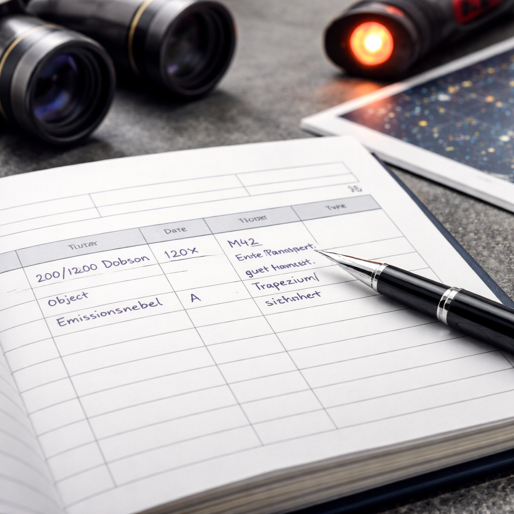 Beispiel eines ausgefüllten Zeilenfeldes: Datum, 200/1200 Dobson, 120×, M42, Emissionsnebel, A, gute Transparenz, Trapezium E/F sichtbar