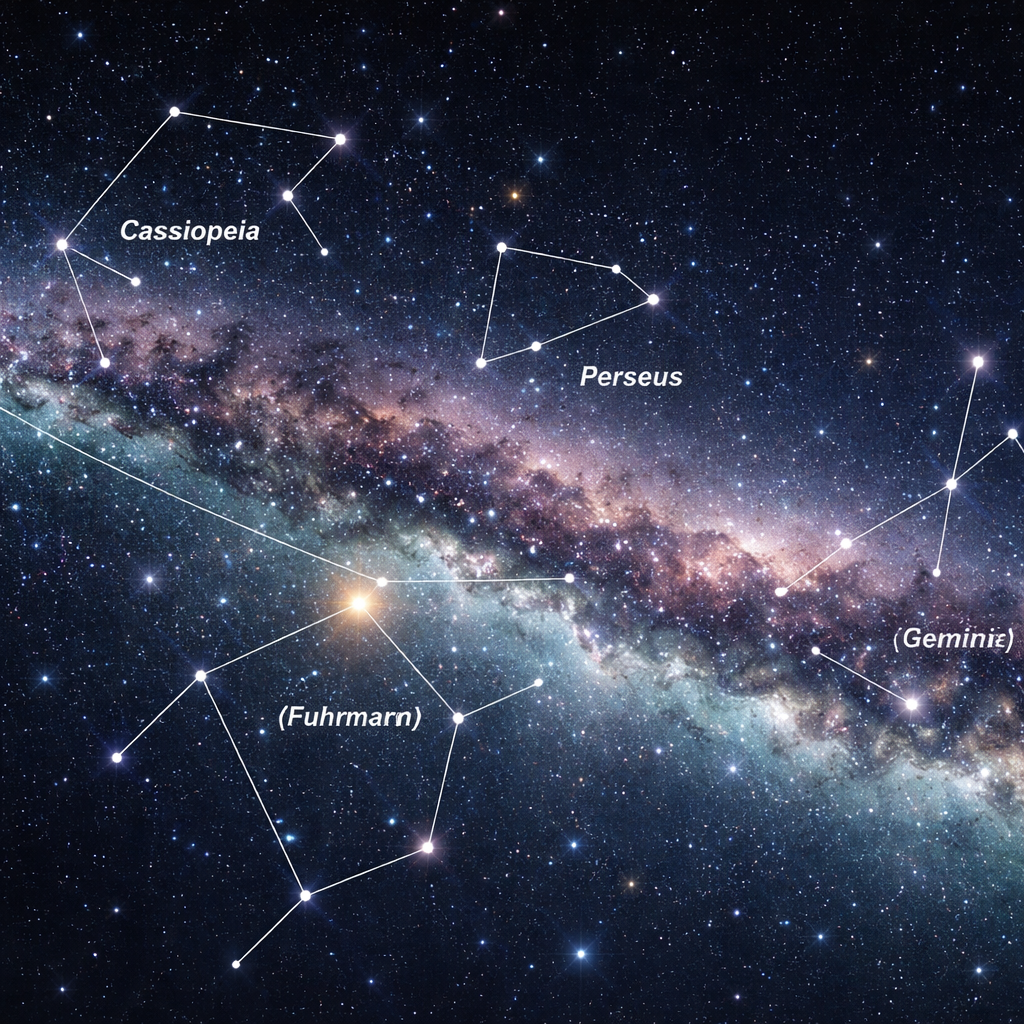 Schematische Sternkarte: Frühlingshimmel mit markierter galaktischer Ebene und Hervorhebung von Kassiopeia, Perseus, Fuhrmann, Zwillinge