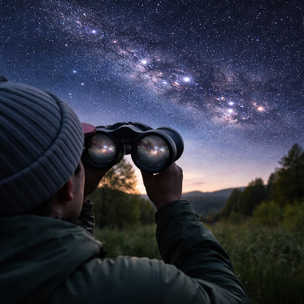 Person mit 7x50-Fernglas, Blick auf den Frühlingshimmel, Sternfelder und Doppelhaufen im Fernglas sichtbar visualisiert