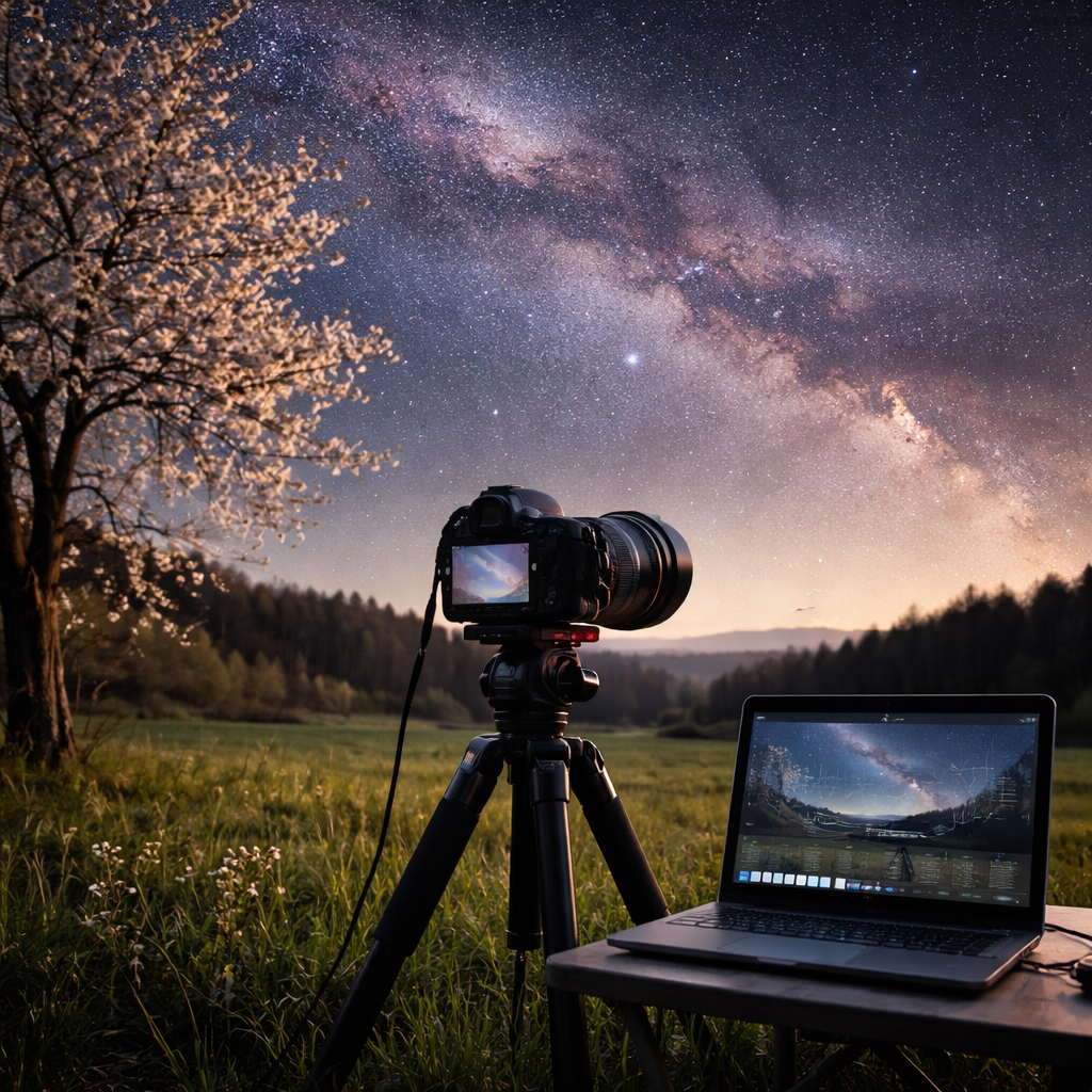 Astrofotografie-Setup: Kamera auf Stativ mit Weitwinkel, Vordergrund Baum, Monitor zeigt Live‑Histogramm und erste Testaufnahme
