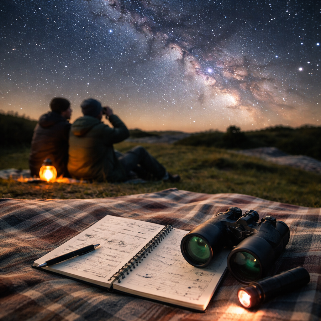 Beobachter am Nachthimmel, Notizblock mit Beobachtungsprotokoll und Fernglas auf Decke