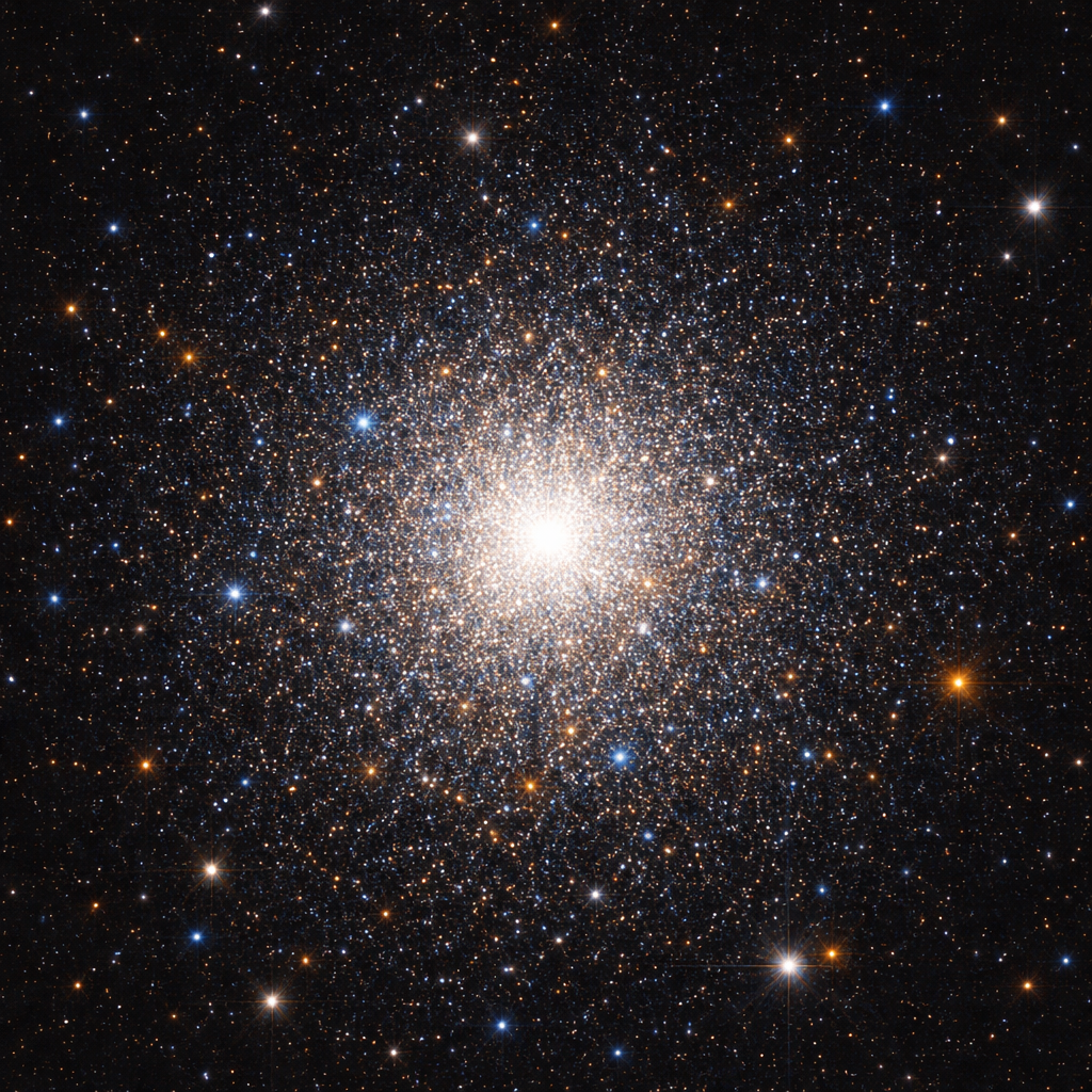 Fotografische Nahaufnahme von M3 mit einem mittelgroßen Teleskop, zeigt hellen Kern und körnigen Außenbereich