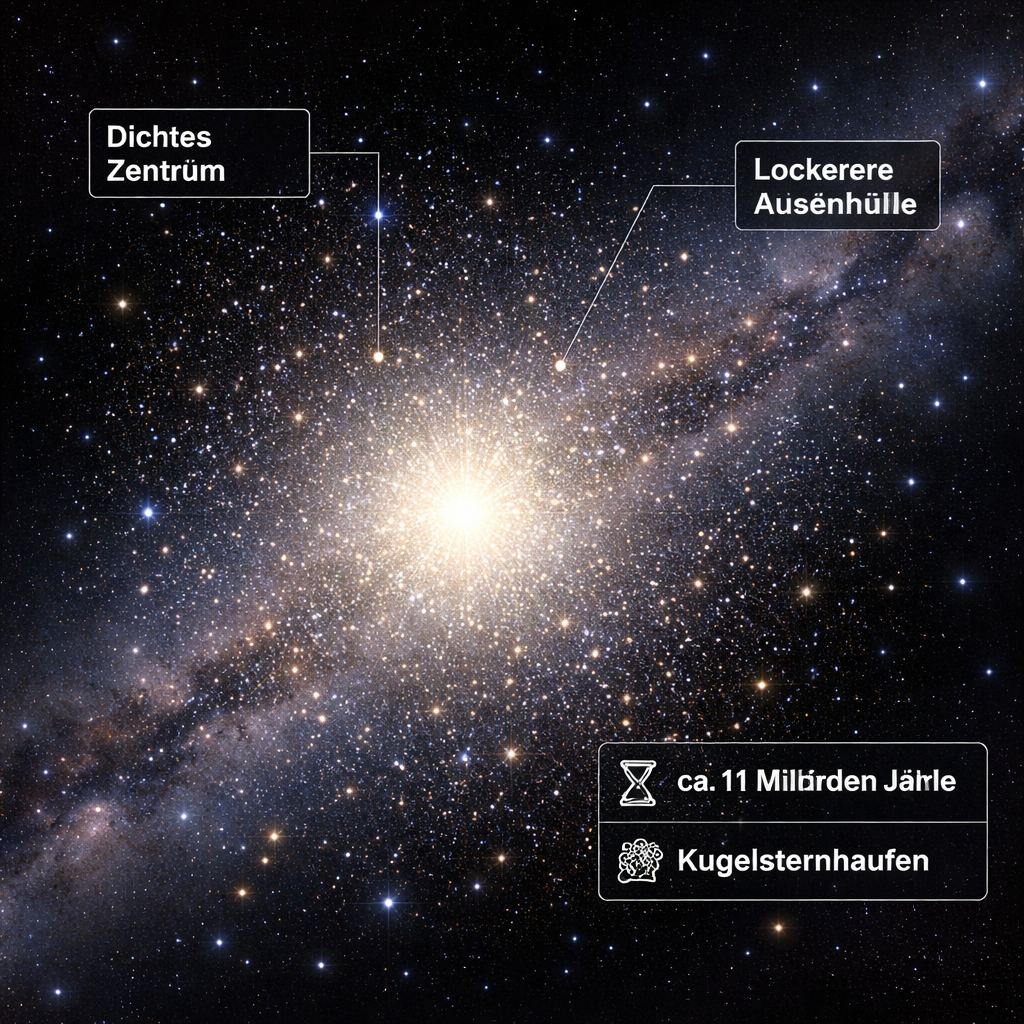 Illustration, die Kugelsternhaufen erklärt: dichtes Zentrum und lockerere Außenhülle, mit kurzer Legende zu Alter und Typ