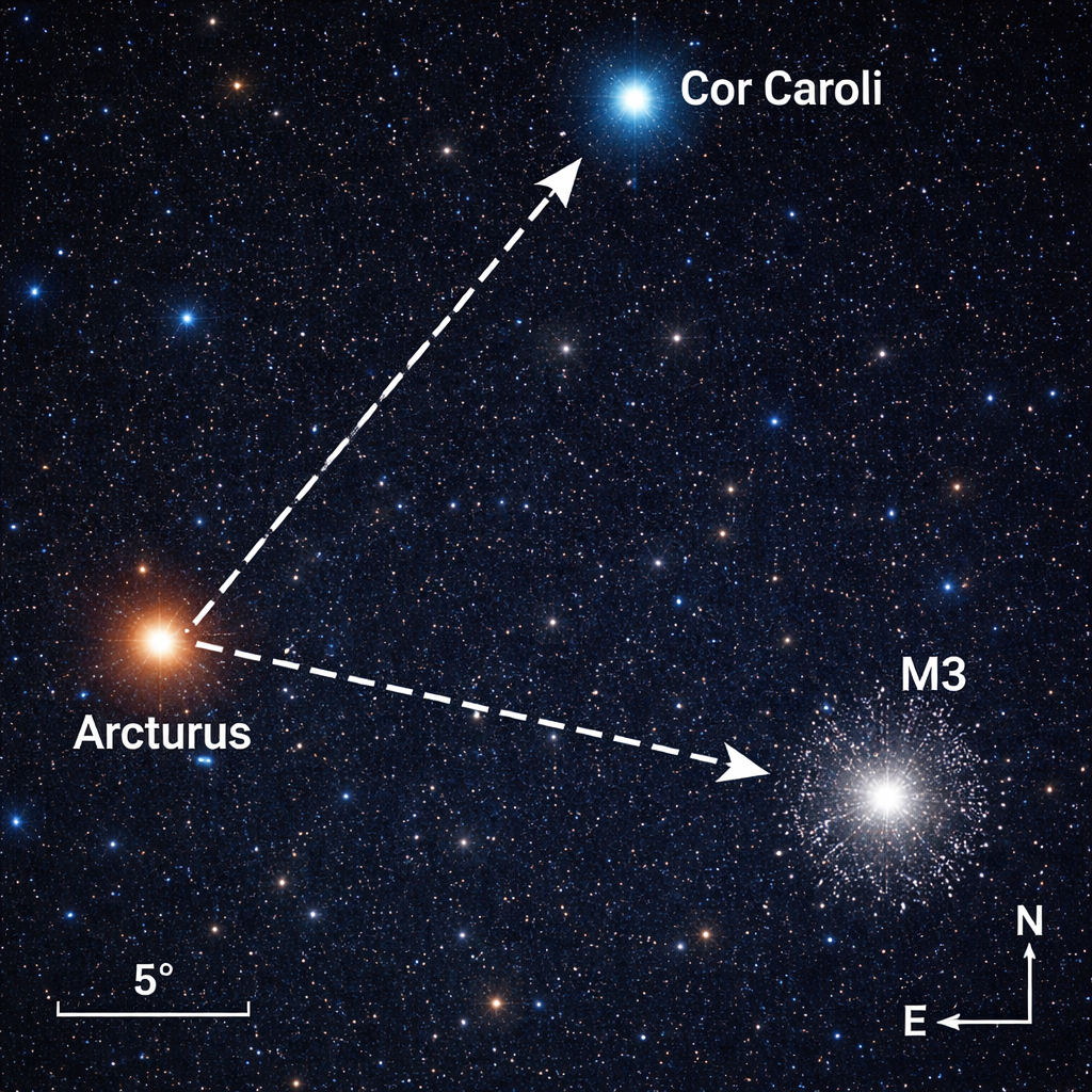 Schematische Starhopping-Karte: Pfeile von Arktur über Cor Caroli zum Feld, in dem M3 liegt; Maßstab und Himmelsrichtung vermerkt