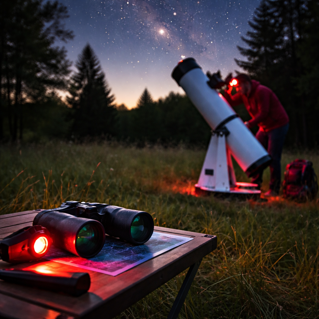 Beobachtungsszene mit einem Dobson auf einer Wiese in der Nähe von Bäumen, Rotlichtlampe und Fernglas im Vordergrund