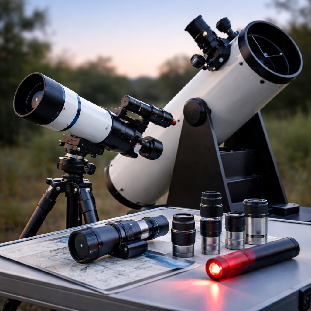 Übersicht von Ausrüstungsgegenständen: ein kleines Refraktor-Teleskop, ein Dobson, ein optischer Sucher, ein Leuchtpunktsucher, mehrere Okulare und eine rote Taschenlampe, auf einem Beobachtungstisch arrangiert.