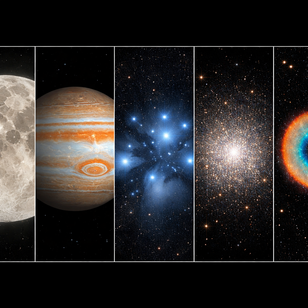 Eine Serie von fünf Thumbnail-Bildern: Monddetail, Jupiter, Plejaden, M13, M57 — als Beispielziele für Anfänger.