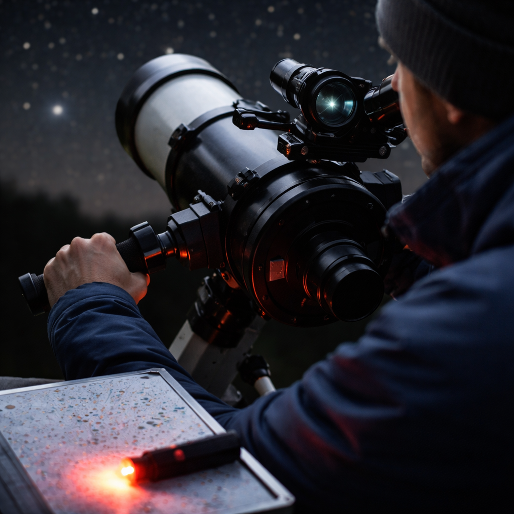 Nahaufnahme eines Beobachters beim Schwenken am Teleskop: Hände an denführungsgriffen, ein Stern im Sucher zentriert, Blick auf Karte und Okular.