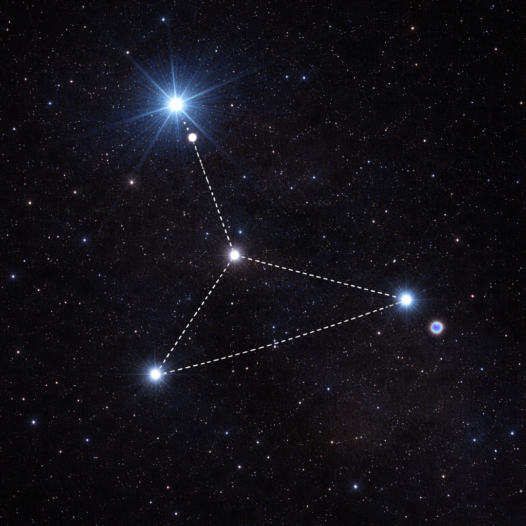 Illustration des Starhopping-Pfades zu M57: Karte mit Wega und den Schritten über die Parallelogrammsterne zum Feld von M57.