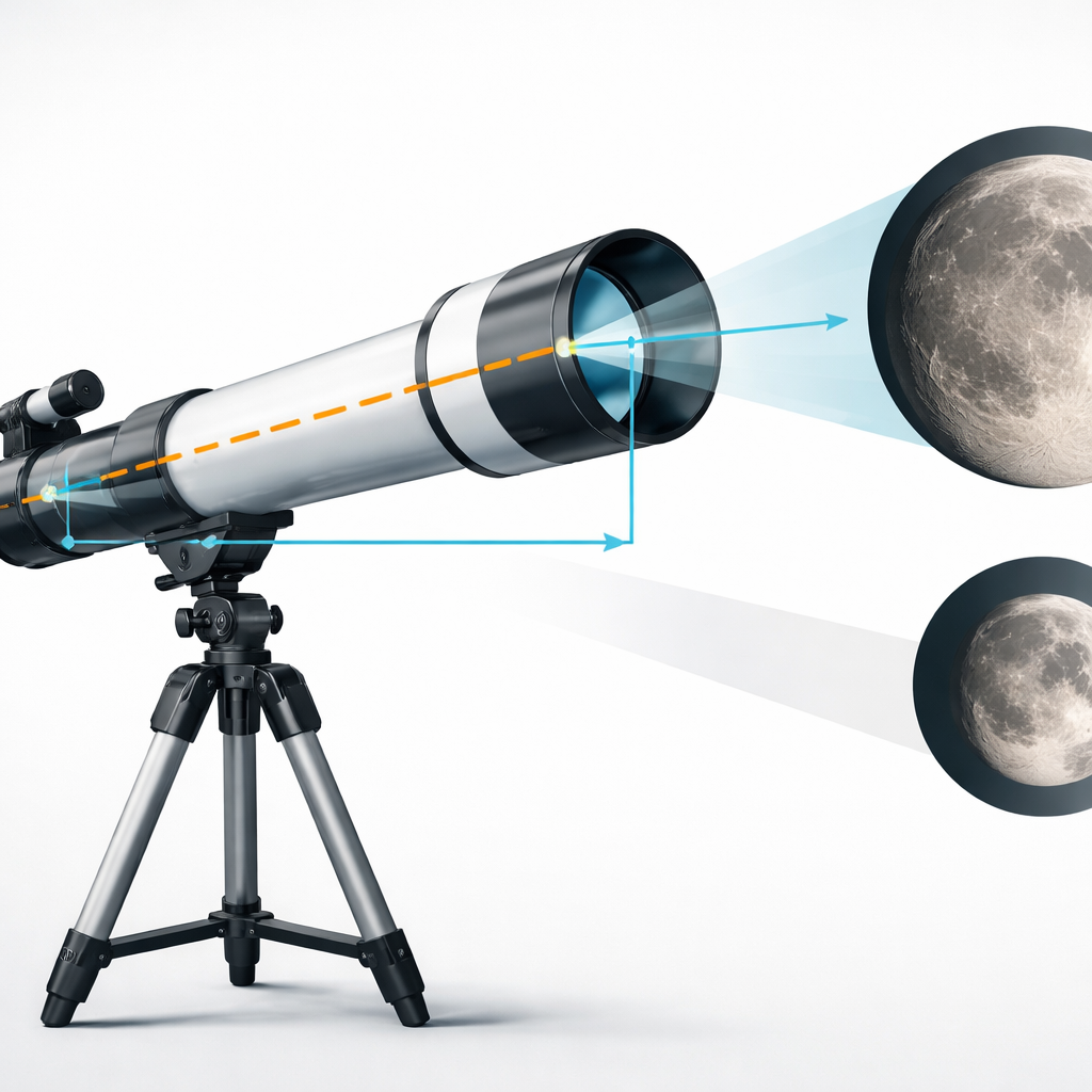 Diagramm: Schemazeichnung eines Teleskops mit eingezeichneter Teleskopbrennweite, Okularbrennweite und dem entstehenden vergrößerten Bild