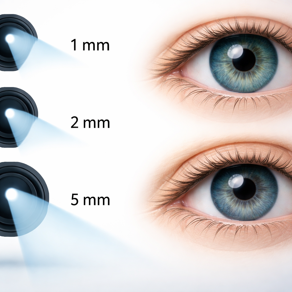 Visualisierung: Vergleich von Austrittspupillen (1 mm, 2 mm, 5 mm) als Lichtkegel, daneben schematische Pupillen junger und älterer Augen