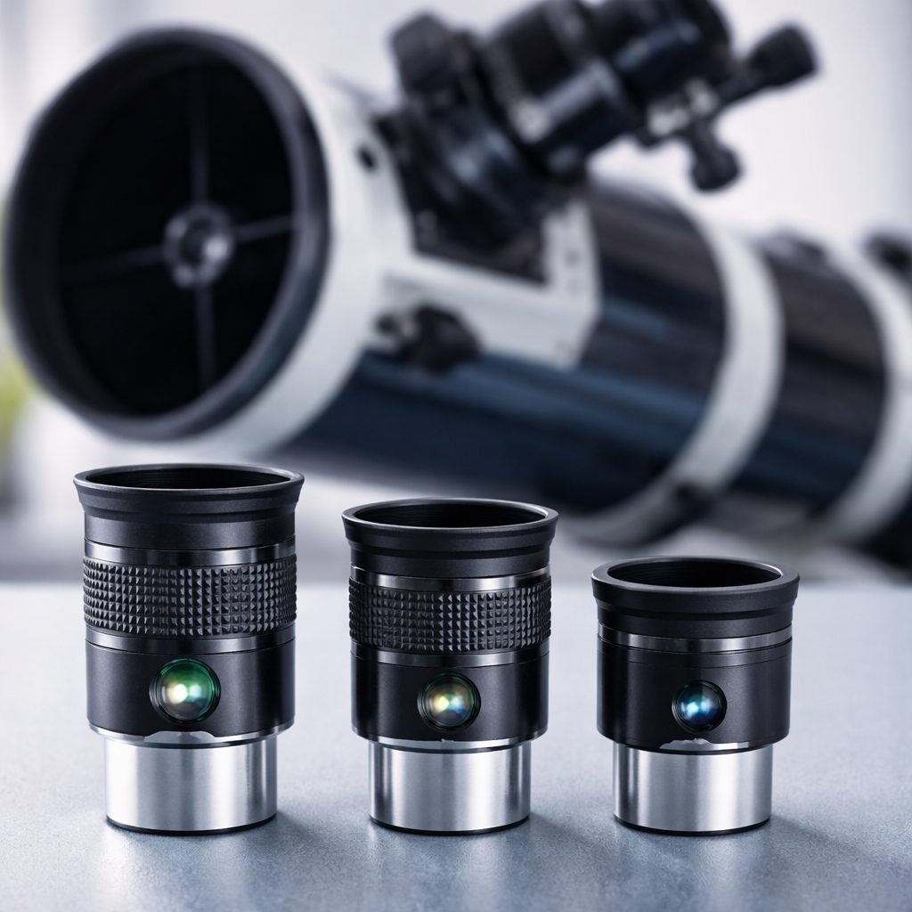 Foto: Drei Okulare nebeneinander (25 mm, 10 mm, 5 mm) vor einem 150/750 Newton; Beschriftung zeigt resultierende Austrittspupillen