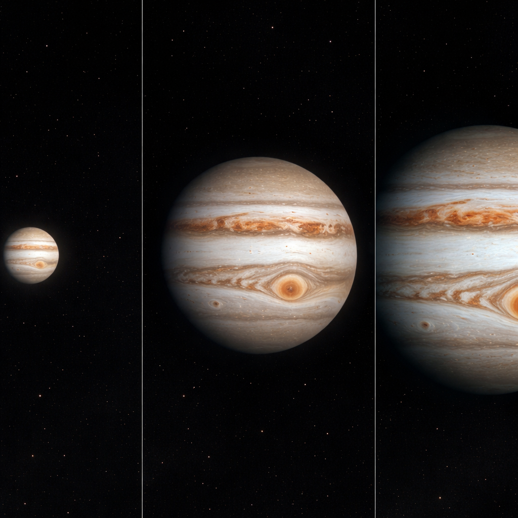 Seqence: Kurze Bildreihe (Weitfeld → Mitte → Hochvergrößerung) am Beispiel Jupiter; Bildtext erklärt Gewinn/Verlust an Details