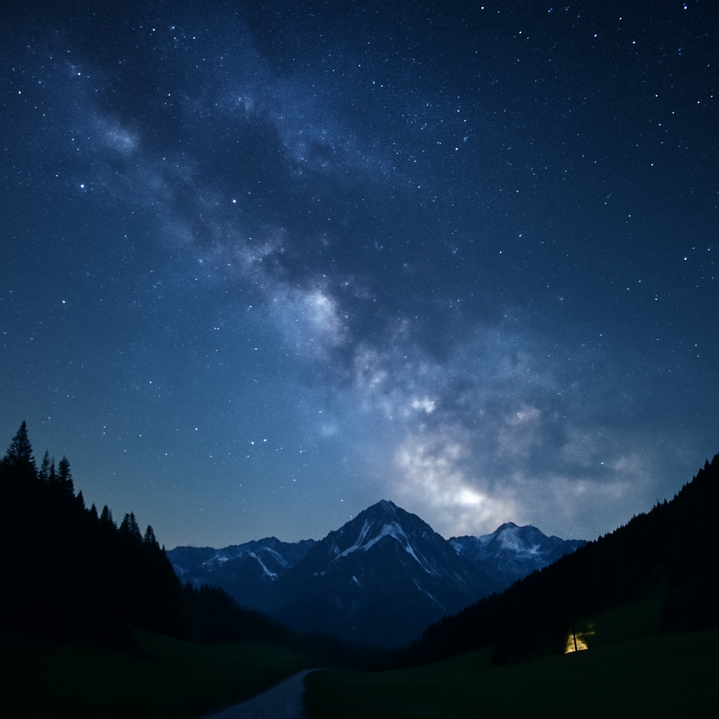 Nachtaufnahme dunkler Standorte in Alpenregion – klare Milchstraße, wenige Lichtquellen