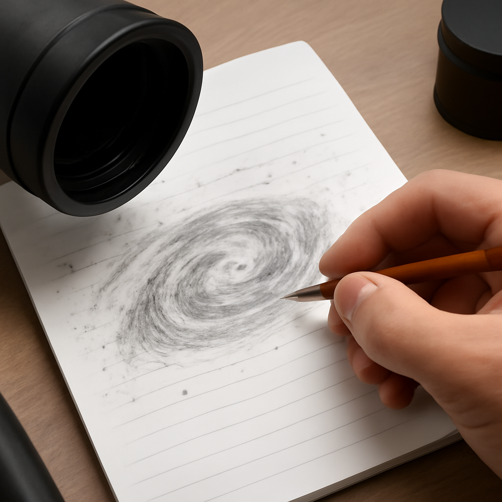 Feldnotizen aus einer Skizze einer Galaxie im Okular