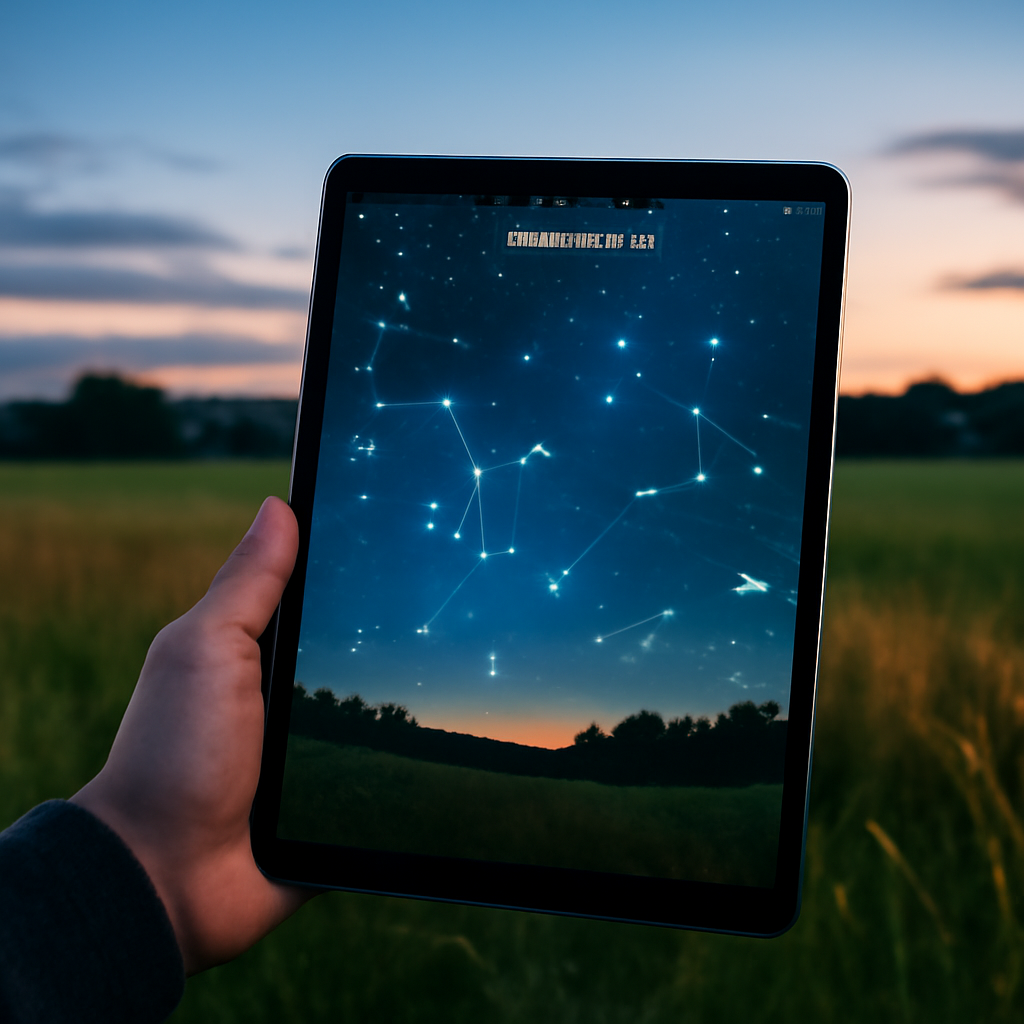 AR-Ansicht auf Tablet zeigt Sternhimmel über Feldlandschaft