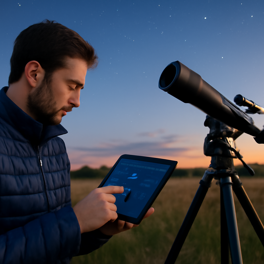 Feldbeobachtung mit Tablet und Teleskop