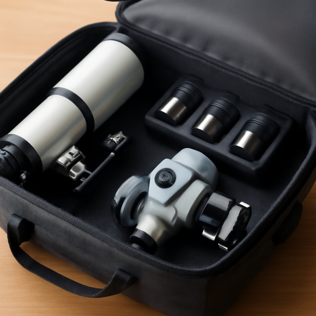 Nahe Aufnahme einer Reisetasche mit zusammengeschraubtem Teleskop, Okularfächern und einer kompakten Montierung