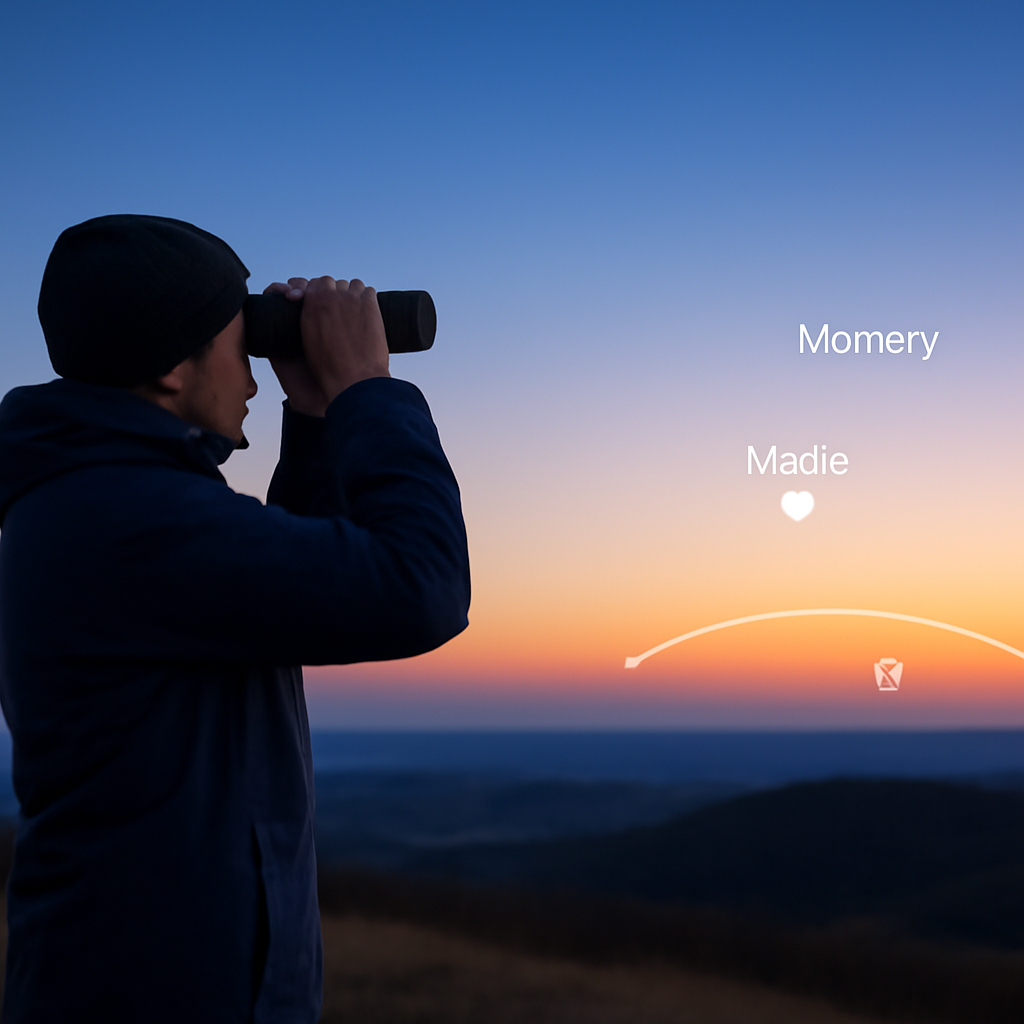 Foto einer Person mit Fernglas auf einem Hügel bei Abenddämmerung, die in Richtung Westen schaut; im Bild ein kleines Diagramm, das die ungefähre Lage von Merkur und Venus nahe dem Horizont zeigt.