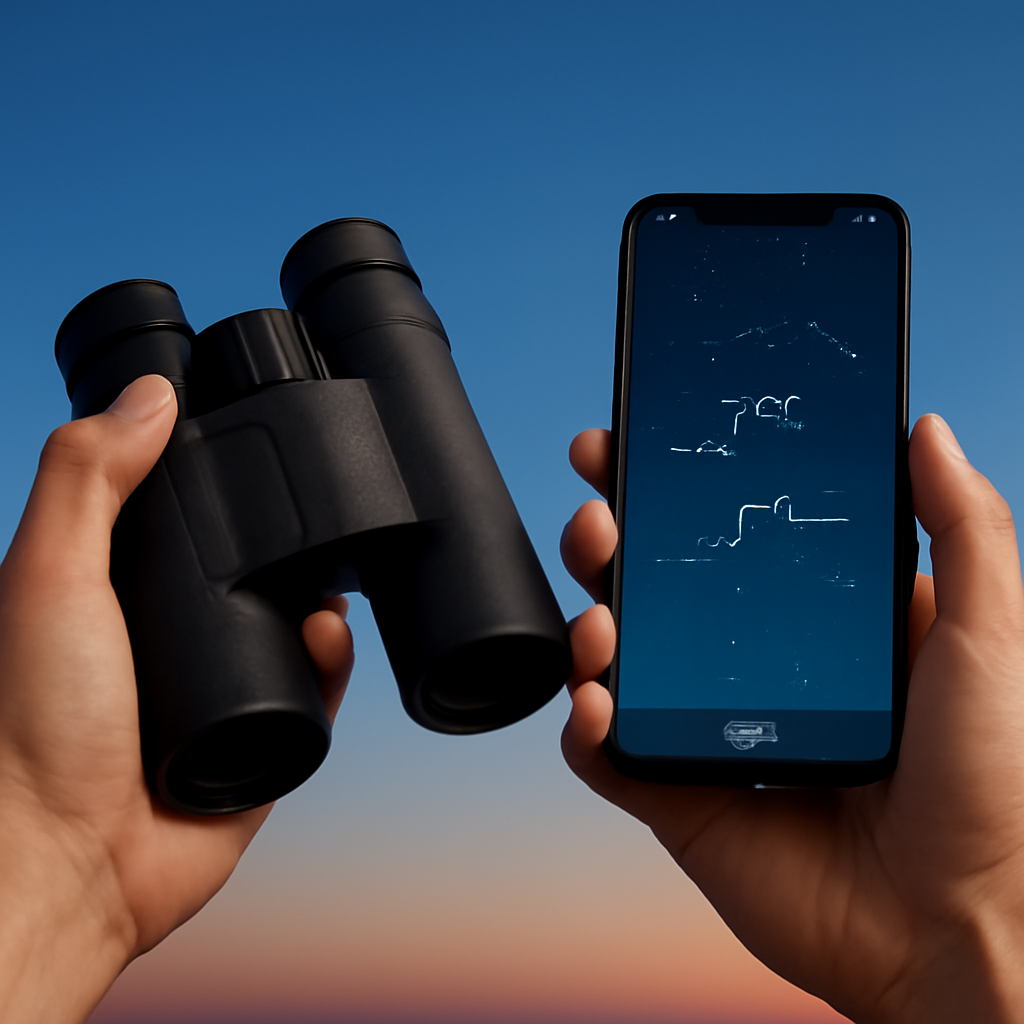 Nahaufnahme von Händen, die ein Fernglas und ein Smartphone mit Sternkarten‑App halten; Bildschirm zeigt Westhimmel mit markierten Planeten.