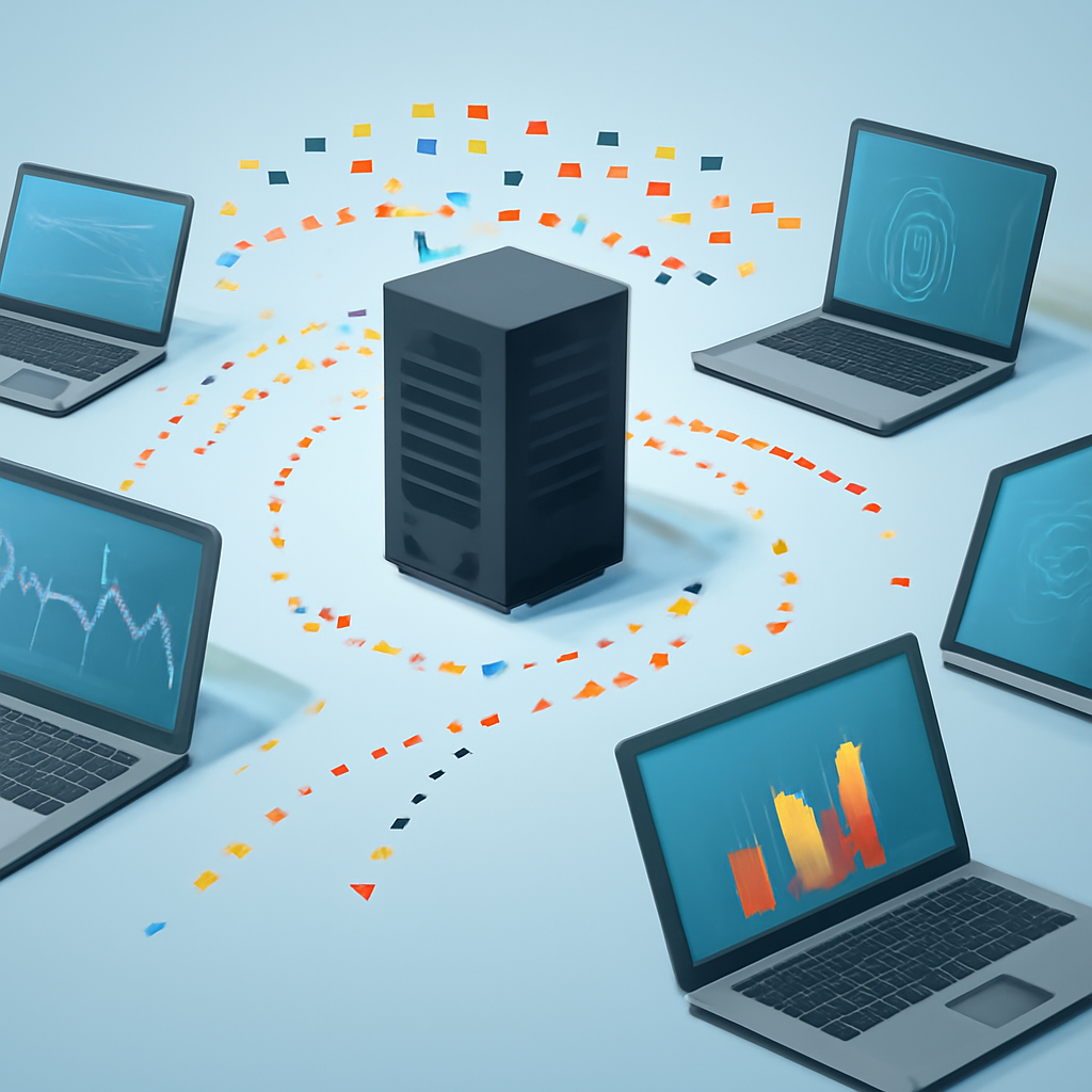 Illustration eines verteilten Rechnersystems: viele Laptops/PCs, die Datenpakete empfangen und Signal‑Analysen durchführen; stilisierte Datenschnipsel fliegen zwischen Server und Clients
