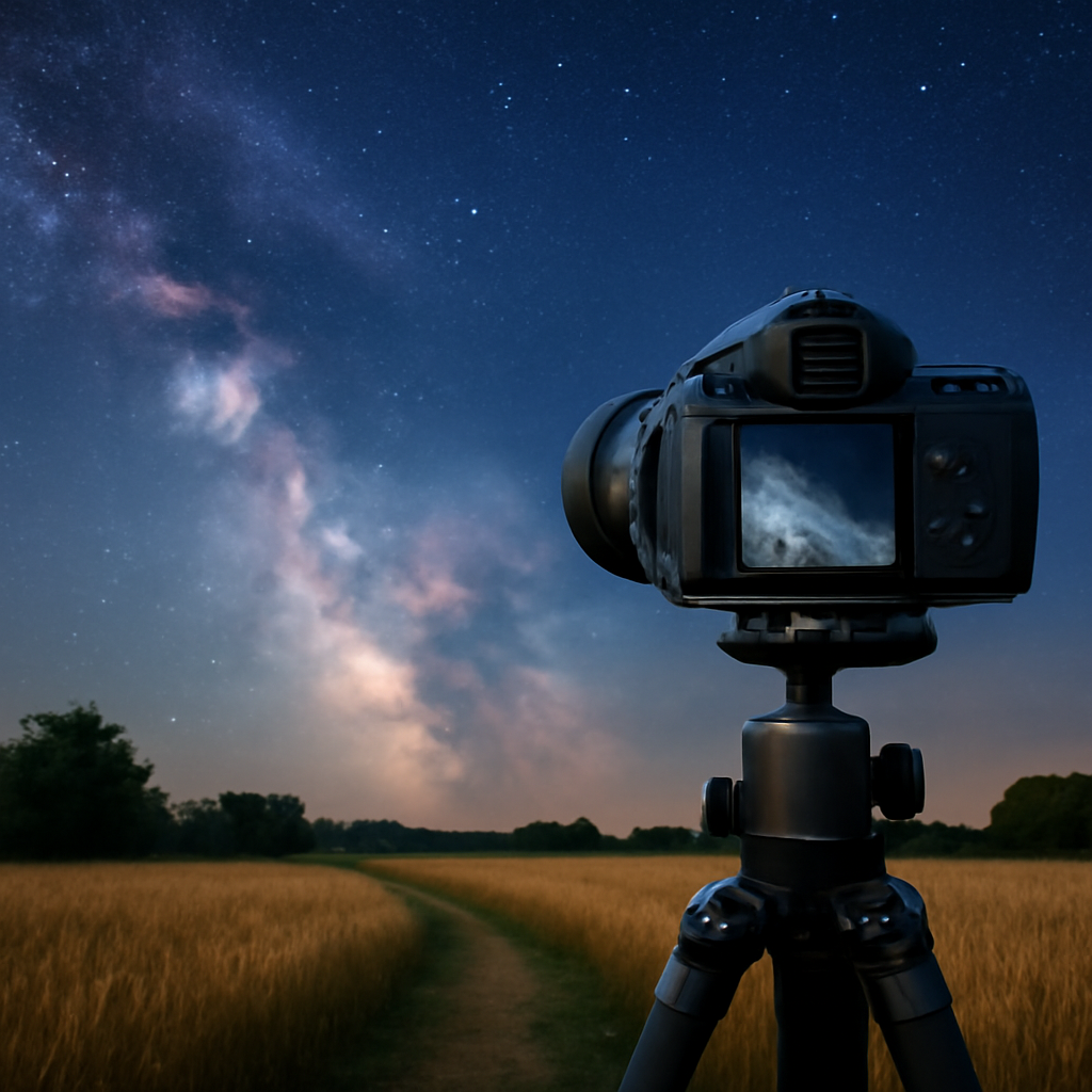 Close-up of a camera on a tripod with a field setup in summer